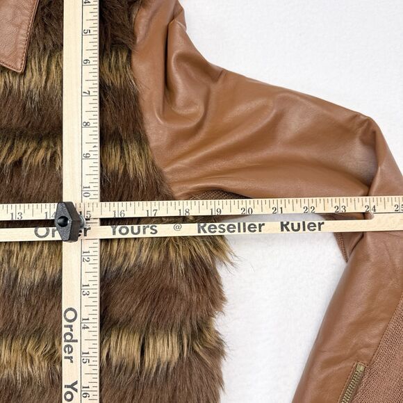 Boston Proper Leather Faux Fur Jacket Women Size 12 Brown Full Zip Festival Boho - Picture 8 of 9